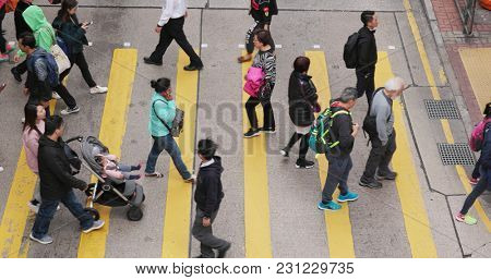 Mong Kok, Hong Kong, 28 February 2018:- Top view of people walking in the street 