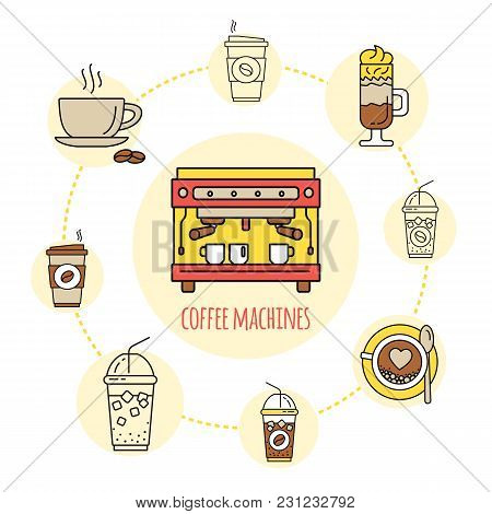 Coffee Shop Flat Line Collection Drink Consept. Modern Icons For Coffee Shop And Coffee House. Color