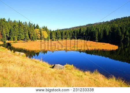 Moraine Lake Kleiner Arbersee In National Park Bavarian Forest. Autumn Landscape In Germany.