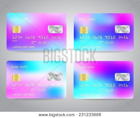 Realistic Detailed Credit Cards Set With Colorful Abstract Trendy Color Gradinet Hologram Effect Des