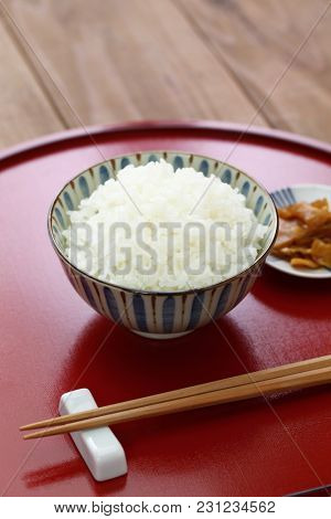 gohan, cooked white rice with pickled radish