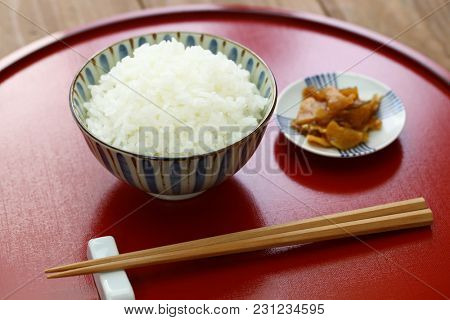gohan, cooked white rice with pickled radish