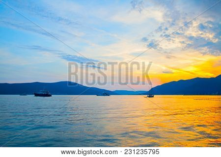 Picturescue view of The Bay of Kotor near Tivat town at sundown, Montenegro - Water landscape