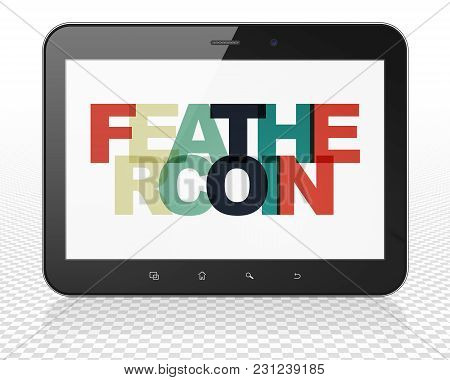 Blockchain Concept: Tablet Pc Computer With Painted Multicolor Text Feathercoin On Display, 3d Rende