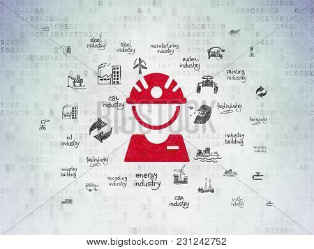 Manufacuring Concept: Painted Red Factory Worker Icon On Digital Data Paper Background With  Hand Dr