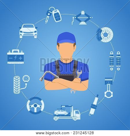 Car Services Concept For Poster, Web Site, Advertising With Two Color Flat Icons Spark Plug, Battery