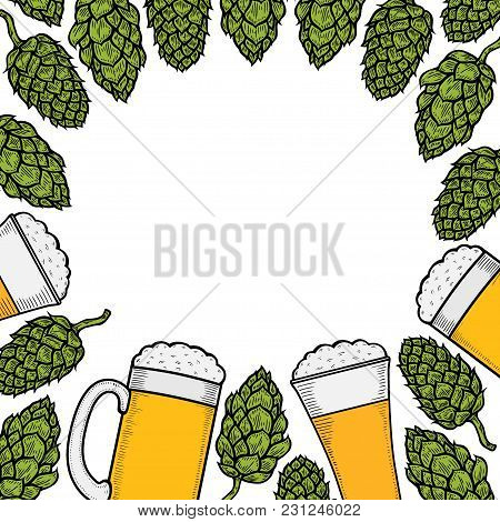 Colorful Beer Menu Design Template. Engraved Illustration With Hops And Beer Glasses. Brewery Frame 