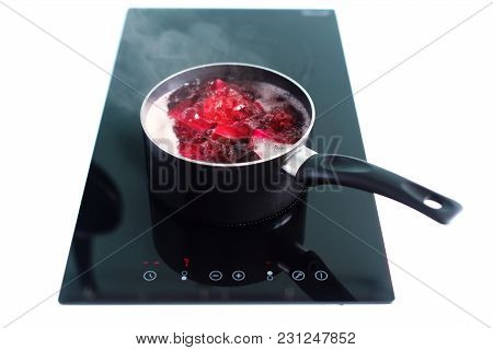 Vegetable Beet Cooks Pan Black Electric Stove Panel Composition Kitchen Dishes Ware Table Isolated O