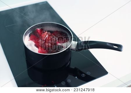 Vegetable Beet Cooks Pan Black Electric Stove Panel Composition Kitchen Dishes Ware Table