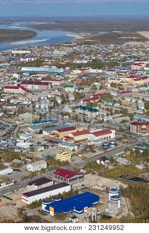 Aerial View Of Tarko-sale Town On The Pyakupur River Yamalo-nenets Autonomous Okrug, Russia. This Is