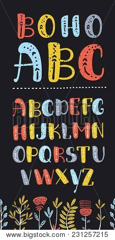 Vector Cartoon Boho Colorful Alphabet. Vector Ethnic Letters And Arrows. Cute And Funny Abc Uppercas