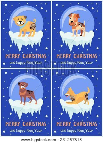 Merry Christmas And Happy New Year Festive Posters With Dogs Inside Glass Bubbles With Bottom Covere
