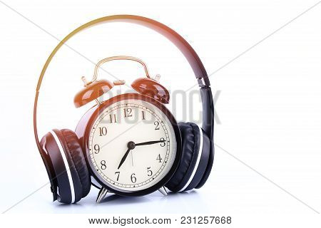 Retro Black Alarm Clock With Headphone  Isolated On White Background.