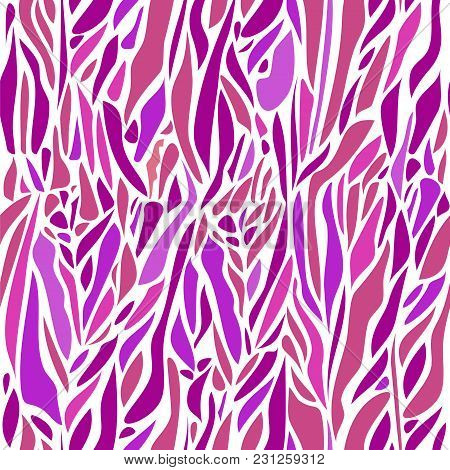 Vector Abstract Seamless Pattern With Curved Spots. Drops In Violet, Purple, Pink Colors On White Ba