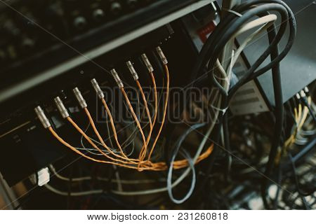 Top View Of Wires Pluged Into Sound Amplifiers