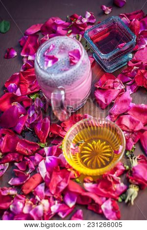 Indian/asian Popular Summer Drink I.e. Gulab Shake Or Rose Shake Consisting Of Milk,rose Syrup,sugar