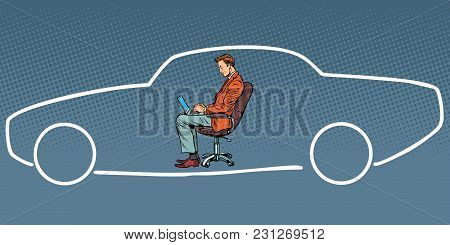 Businessman Working On Laptop And Dreaming About Car. Comic Book Cartoon Pop Art Retro Vector Illust