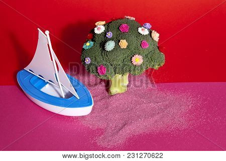 Pink Red Broccoli Flowers And Toy Boat
