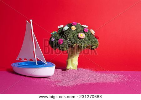 Pink Red Broccoli Flowers And Toy Boat