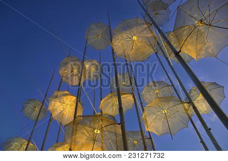 Umbrellas, A Modern Artwork At The Waterfront Of Thessalonica - Greece