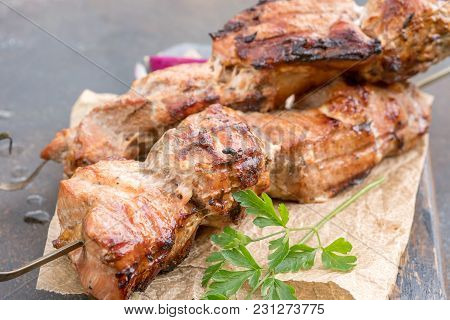 Grilled Shish Kebab Or Shashlik Pork Meat On Skewers Closeup On White Background