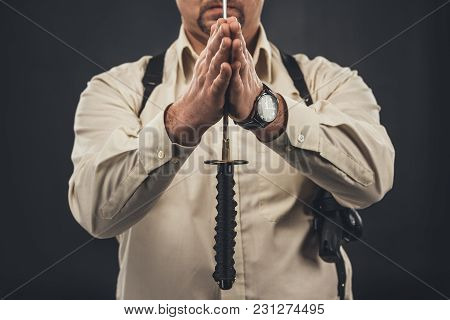 Cropped Shot Of Yakuza Member Holding Blade Of Tanto Knife