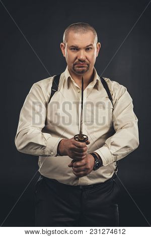 Yakuza Member With Tanto Knife Looking At Camera