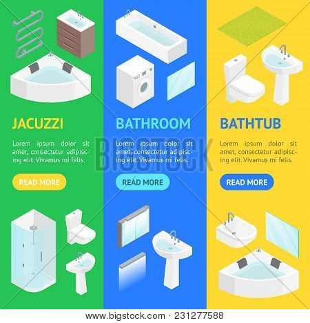 Furniture Bathroom Interior Banner Vecrtical Set For Apartment, Shop Or Hotel Isometric View Include