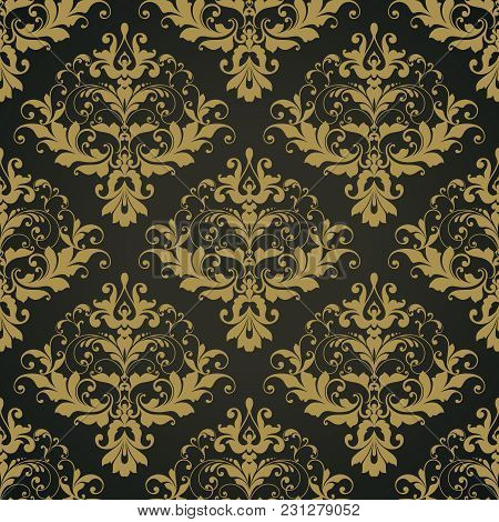 Vector Black Ornate Damask Background Seamless Abstract Decorative Elegant Pattern