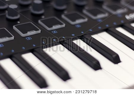 Midi Keyboard Is White Close-up. Modern Electronic Music, Studio Equipment