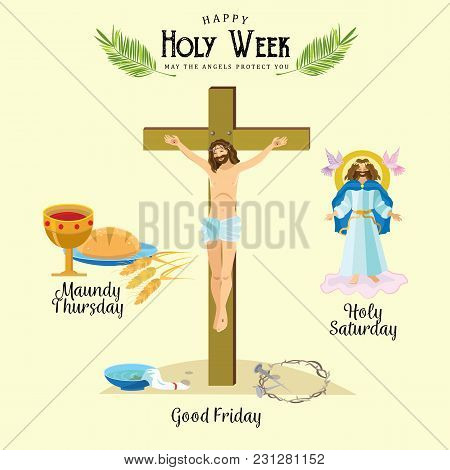 Set For Christianity Holy Week Before Easter, Lent And Palm Or Passion Sunday, Good Friday Crucifixi