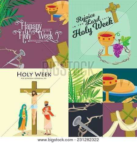 Set For Christianity Holy Week Before Easter, Lent And Palm Or Passion Sunday, Good Friday Crucifixi
