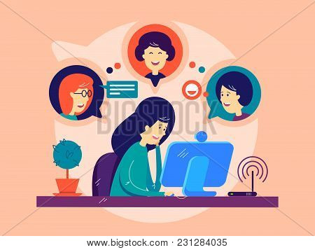 Girl Remotely Communicates With Friends. Online Communication On Computer. Vector Illustration