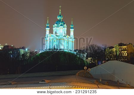 Beautiful Evening Illumination Of St. Andrew's Church (one Of The Main Attractions Of The City) And 