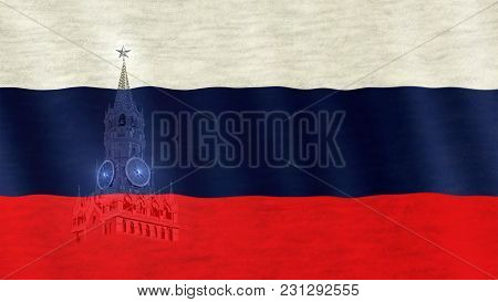 Closeup Of Russian Flag Blown In The Wind. Spasskaya Town Silhouette At The Side. Symbol Of Russia.