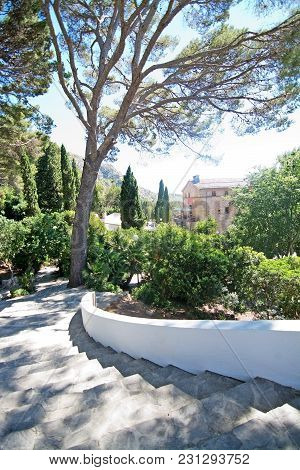 Alcudia, Mallorca, Spain - June 12, 2017: Hermitage And Hostal Victoria Curved Stairway On A Sunny D