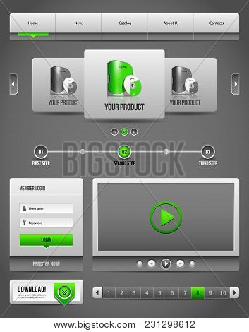 Modern Clean Website Design Elements Grey Green Gray 2:  Download, Pagination, Video, Player