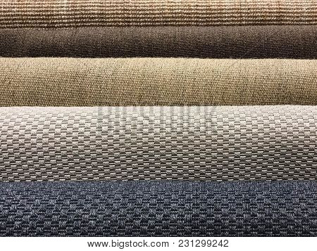 Samples Of Brown Woven Sisal, Blue And Gray Fiber Carpet Roll For Texture And Background