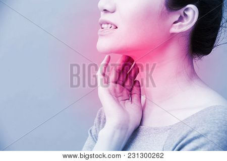 Women With Thyroid Gland Problem On The Blue Background
