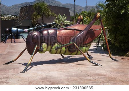 Benidorm-jun 10, 2015: Entrance To Terra Natura Benidorm Zoo. A Giant Statue Of Grasshopper At The E