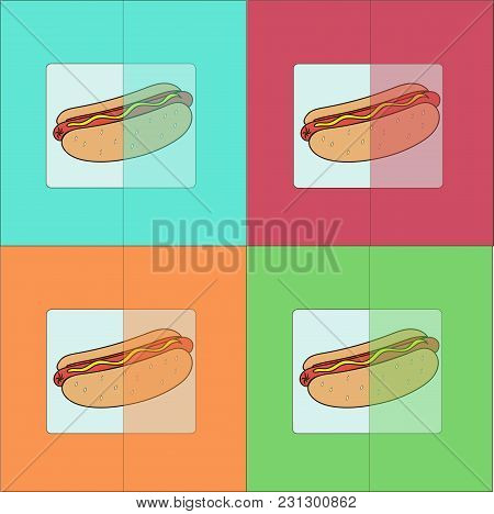 Cards With A Hot Dog On Colorful Backgrounds.