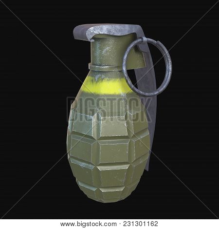 Hand Bomb Frag Grenade Green Metal With Scratches And Round Pin Over. 3d Render On Black