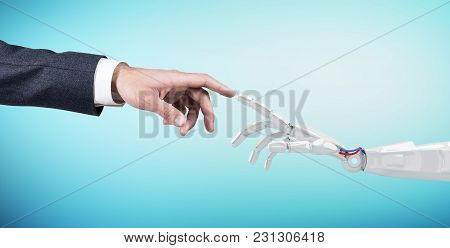 Human Hand Touching An Android Hand. Over Blue Background. 3d Rendering.