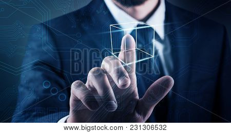 Businessman Hand Touching Digial Simple Lines. Network Connection. Technology Concept.