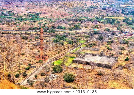 Aerial View Of Chand Minar Minaret And Bharat Mata Temple At Daulatabad Fort In Maharashtra State Of