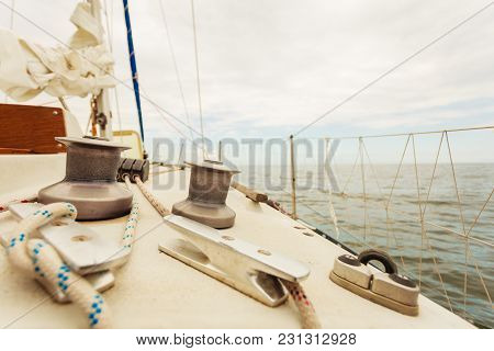 Yacht Capstan With Rope On Sailing Boat During Cruise, Marine Objects Concept.