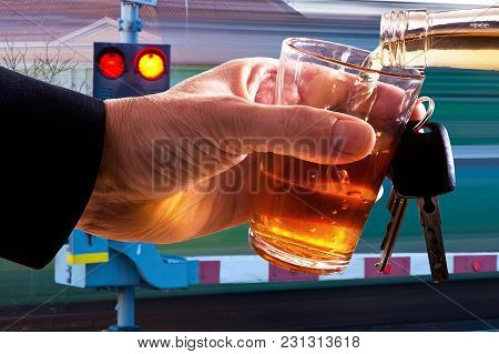 Hard Drinker With Glass Of Spirits And Car Key