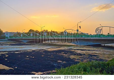 The Beautiful Sunset Sky Over The Modern Ferdowsi Bridge, Decorated With Metal Waves, Isfahan, Iran.