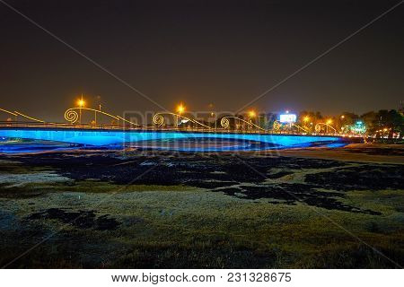 The Bright Lights Of Modern Ferdowsi Bridge Across Dried Up Zayandeh River, Isfahan, Iran.