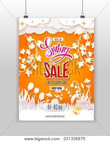 Spring Sale Print Poster Design. Flowers, Grass, Clouds And Butterfly Cut Out From White Paper On A 